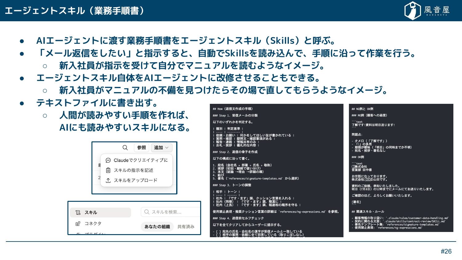 AIエージェントに渡す業務手順書をエージェントスキルと呼ぶことを説明したスライドで、スキルの管理画面と、メール返信の手順をテキストで書き出したスキルの記述例が並んでいる